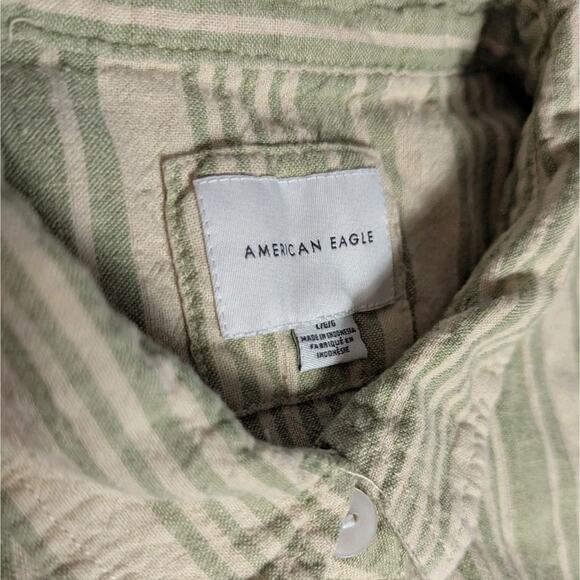 American Eagle Sz L Green Striped Boyfriend Button Shirt Top Boxy Linen Roll Tab - Picture 3 of 7